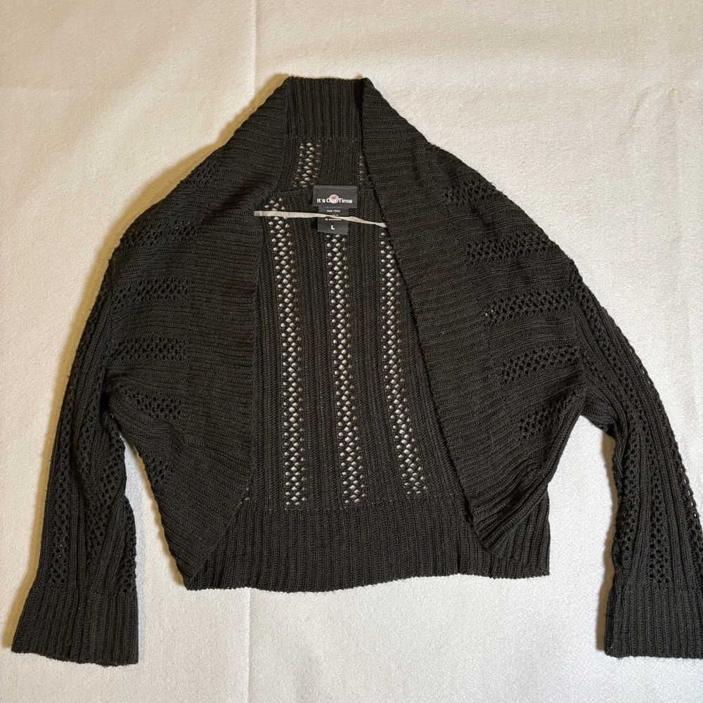 Its Our Time Brown Pointelle Knit Cropped Shrug Cardigan Flared BOHO Y2K Large